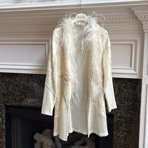 Passion Consept wool blend knit lace embroidered feather trim cream jacket sz.S